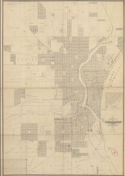 Map with labelled block and lot numbers, owners of large property parcels, city wards, railroads, and streets. Population from 1835 to 1860 listed below title. Inset map: Glidden & Lockwood’s Addition. Includes manuscript annotations of railroads and lot dimensions.