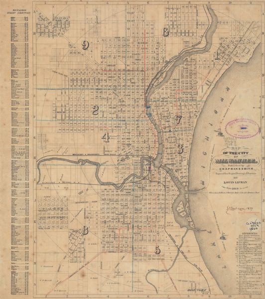 This map was engraved from original drawings and surveys taken by Louis Lipman. Includes Milwaukee street directory on the left hand side. Bottom right corner contains a reference key that corresponds to points of interest on the map. Shows wards, railroads, street railways, selected buildings and hotels, and some landowners. Includes manuscript annotations of street cars in 1877.