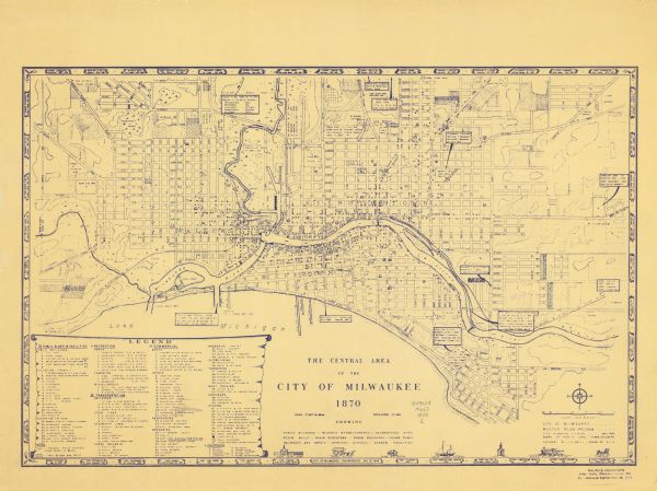 Photocopy of a map created by the City of Milwaukee Master Plan Program City Planning Division in May of 1958 representing 1870 "THE CENTRAL AREA OF THE CITY OF MILWAUKEE 1870 AREA - 17,207 Sq Miles POPULATION - 71,440". The map shows: "PUBLIC BUILDINGS..BUSINESS ESTABLISHMENTS..RECREATIONAL SITES FLOUR MILLS..GRAIN ELEVATORS..HORSE RAILROADS..PLANK ROADS RAILROADS AND DEPOTS . CHURCHES . SCHOOLS . HARBOR FACILITIES". The bottom left corner contains a legend of points of interest that correspond to numbers on the map. The map border lists Milwaukee "firsts".