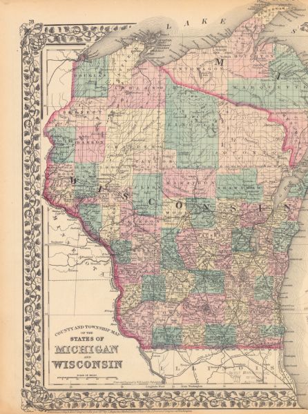 Two maps on one page, removed from an atlas. The first map shows Wisconsin and the upper peninsula of Michigan counties and townships while the second map is a city map of Milwaukee wards.