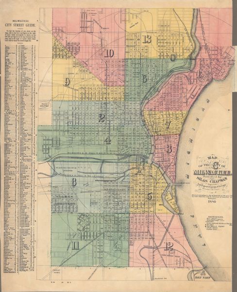 Map created from original drawing and surveys taken by Silas Chapman. Bottom right corner features a reference key. There is a street guide on the left side of the map. Relief shown by hachures and contours. Shows city wards, railroads, street railways, churches, post office, court house & city hall, and ward schools.