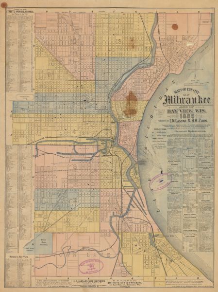 The map reads: "Compiled under the direction of the J.V. DUPRE ABSTRACT CO. from Dupre’s 1/4 Sectn’l Atlas of Milwaukee, by G. Steinhagen, C.E." The map contains "General References." of points of interest as well as a key of "EXPLANATIONS." The left hand side contains a "TABLE OF ALL STREETS, AVENUES, SQUARES and Places in the City." The original map contains brown stains.