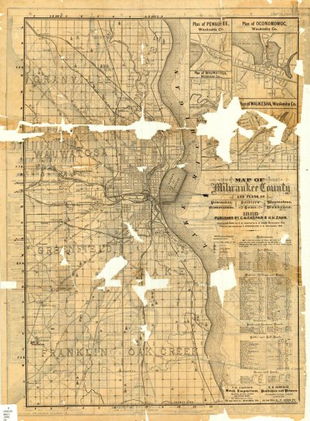 Two maps on one page. The first page is a map of Milwaukee County with insets "Plan of Pewaukee, Waukesha Co.," "Plan of Oconomowoc, Waukesha Co.," "Plan of Wauwatosa, Milwaukee Co.," and "Plan of Waukesha, Waukesha Co." The second map is of Milwaukee and Bay View. Both maps contain an "EXPLANATIONS" key as well as "References" to points of interest on the map.
