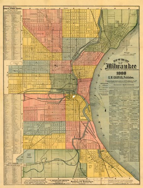 Map of Milwaukee "Compiled under the direction of the J.V. DUPRE ABSTRACT CO., from Dupre’s 1/4-Sectn’l Atlas of Milwaukee, by G. Steinhagen, C.E." Contains "General References." of points of interest and an "Explanations." key. Left hand side contains a "TABLE OF ALL STREETS, AVENUES, SQUARES and Places in the City." Ward separated into color blocks.