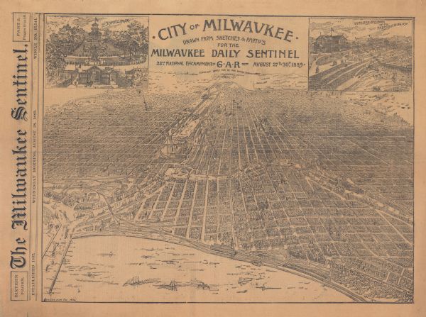 Bird’s-eye-view map. Published in the <i>Milwaukee Sentinel</i>: Wednesday morning, August 28, 1889 for the 23rd National Encampments of the GAR, August 27th to 30th, 1889. Inset views: Schlitz Park and White Fish Bay Park of the Pabst Brewing Co.
	