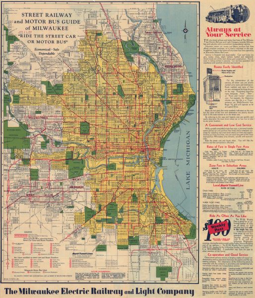 This map is an advertisement for Milwaukee street cars and motor buses and reads: "Ride the street car or motor bus. Economical, safe, dependable." Includes index of Milwaukee streets, places of interest in Milwaukee, Old and new names of Milwaukee streets, and advertisements are on the back of the map.