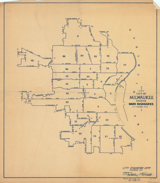 Map showing the ward boundaries of Milwaukee. Each ward is numbered and boundary streets are labelled. The bottom right corner reads: "CITY ENGINEER'S DEPT. MILWAUKEE, WIS. APPROVED BY: R.A. Campbell CHIEF DRAFTSMAN J.P. Schwads(?) CITY ENGINEER Revised June 30, 1931,-K.S.H. " July 6, 1932.-K.S.H. " April 10, 1934- K.S.H. January 7, 1931.