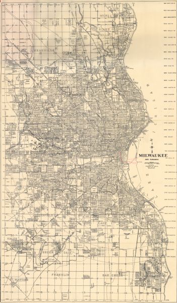 This map is accompanied by booklet: "Know Milwaukee Map and Street Guide". The map is a detailed map of Milwaukee and the surrounding suburbs. Streets and some points of interest are labelled. There is a note in what appears to be red pencil reading: "Milwaukee St to Erie Ferry Milwaukee clipper(?)".