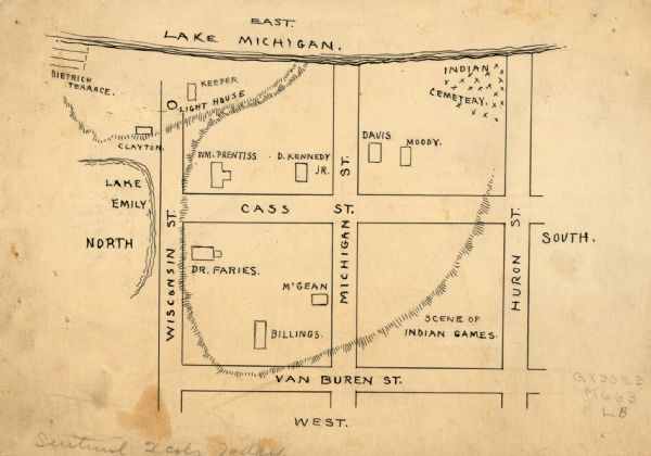 Pen-and-ink on paper. Map shows 1840’s homes with owner names, a Native American cemetery, and other points of interest. Relief shown by hachures. Oriented with north to the left. Roads running vertically begin with "Wisconsin St." and end with "Huron St." Roads running horizontally begin with "Cass St." and end with "Van Buren St."