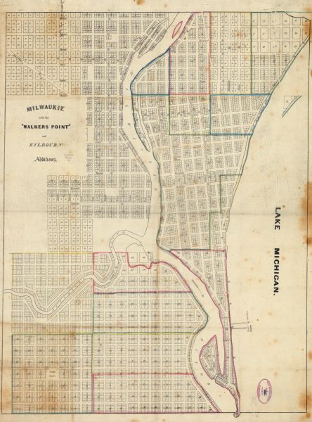 Map of additions to Milwaukee. Several of the additions are outlined in colors and many streets, waterways, and some landmarks are labelled.