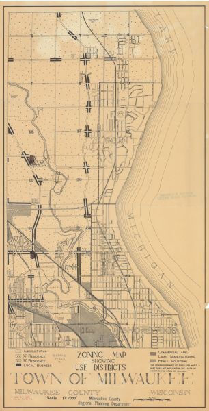 Map shows 6 types of zoning districts in Milwaukee township. There is a key identifying four types of land: "AGRICULTURAL," '"A" RESIDENCE.' '"B" RESIDENCE,' and "LOCAL BUSINESS." Map reads: "THE ZONING ORDINANCE OF WHICH THIS MAP IS A PART DOES NOT APPLY WITHIN THE LIMITS OF INCORPORATED CITIES OR VILLAGES." Stamped under the map title is: "Milwaukee County Regional Planning Department."