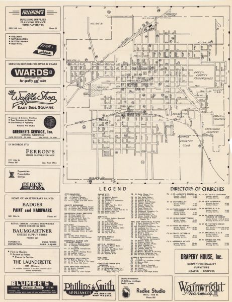 Map features advertisements for local businesses on the left and bottom. Map includes a "LEGEND" and "DIRECTORY OF CHURCHES". Streets are labeled as are some landmarks.
