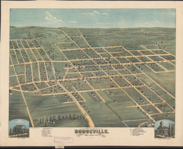 Bird's-eye map of Dodgeville, looking east, with insets of the high school and county courthouse.