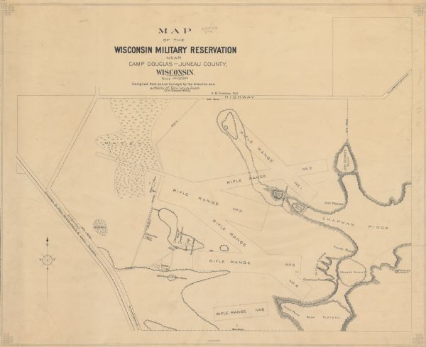 Map showing the layout of the Wisocnisn Military Reservation, including buildings, rifle ranges, highways, railways, and geographic landmarks.