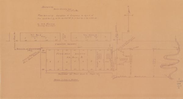 Map reads: "Plat showing Location of Creamery on apart of The NorthEast 1/4 of the NorthWest 1/4 of Sec 31, T. 30 N.R. 14 W. The map notes creamery buildings, the managers house ("manger Lives here"), street names, and "Beaver Creek".