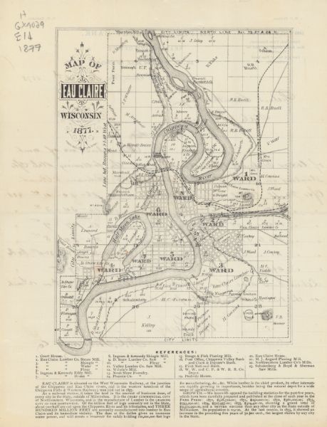 Relief shown by hachures. Shows land ownership by name, wards, railroads, mills, dams, city limits, Chippewa River, and Half Moon Lake. Includes index of mills and local businesses. Includes text about Eau Claire. Also includes handwritten note by H.C. Putnam & Co. to State Treasurer on verso.
