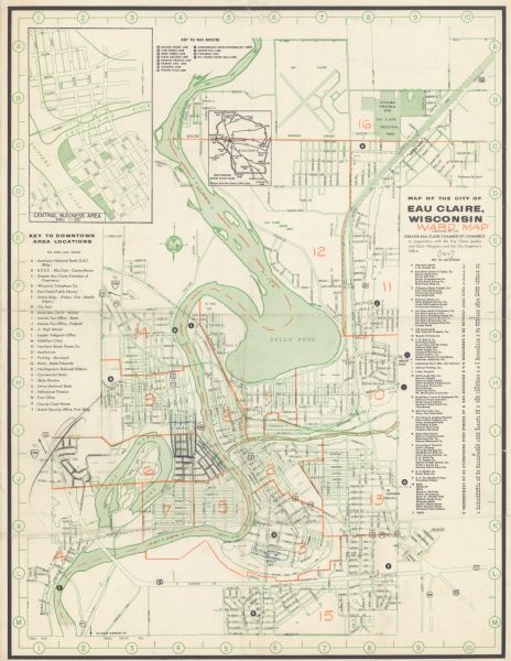 Shows local streets, bus routes, highways, airport, Dells Pond, Half Moon Lake, Chippewa River, and Eau Claire River. Includes 2 inset maps: Location map and central business area map. Includes index to downtown area locations, other locations, bus routes and street guide. Also includes significant manuscript annotations showing wards of Eau Claire in orange.