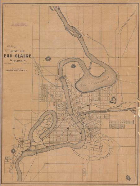 Relief shown by hachures. Shows local streets, roads, railroads, businesses, Half Moon Lake, Chippewa River, and log reservoir.
