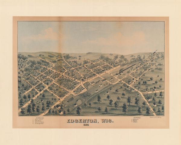 Like many southeastern Wisconsin villages, Edgerton was settled by Yankee immigrants in the 1830s. Though this view gives no indication of it, by 1871 tobacco growing had become an important part of the village economy.