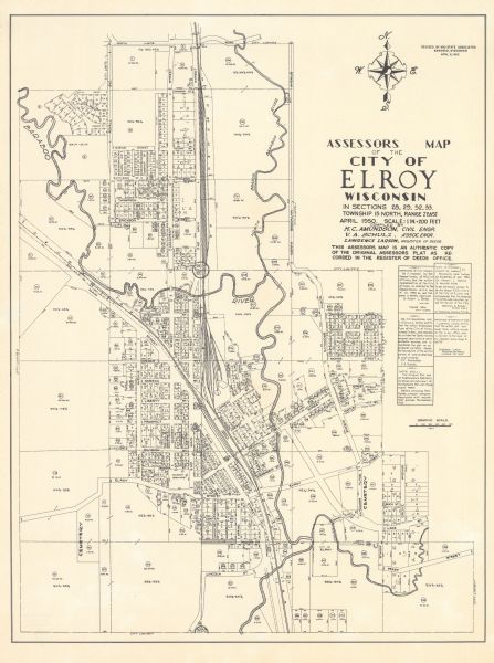 Shows city limits, plat of town, local streets, railroads, and Baraboo River. "Revised by Mid-State Associates, Baraboo, Wisconsin, April 6, 1965" Upper right margin.