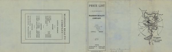 A pamphlet of lots for sale. There are four regions represented in four sheets of the pamphlet: "Mercer's Additions," "Edgewood Park," "West Lawn Heights," and "Brooks' Addition." The plots for sale are highlighted in pink with prices listed below.