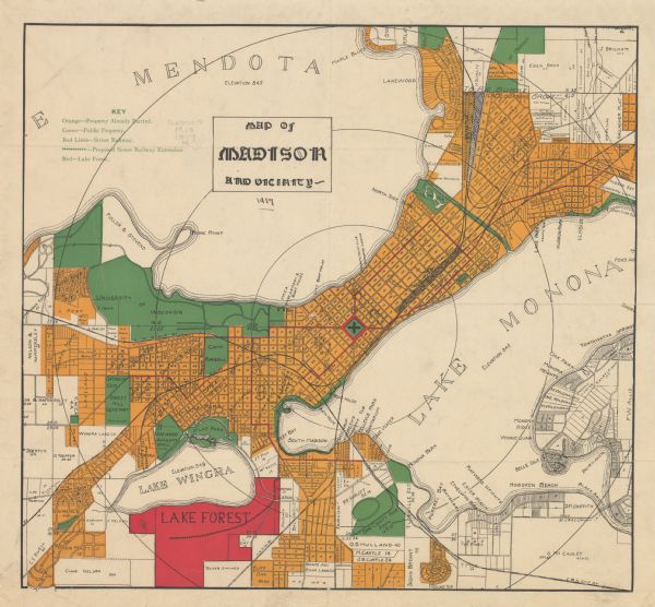 Shows property already platted (orange), public property (green), street railway (red lines), Lake Forest development area (red), and some landownership. The upper left corner has a key of colors and symbols.