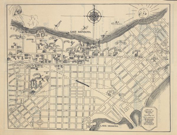 Shows campus buildings, points of interest in surrounding area, and railroads. Advertisements on verso.