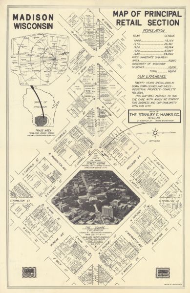 Shows property ownership, store divisions, and bus stops. "Sept. 12, 1940." Oriented with north to the right. Insets: "Trade area" location map and enlarged section of location map. Includes table of populations from 1900-1940 and an aerial view.