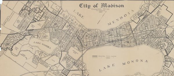 Shows Madison city limits with thick solid lines and ward districts with dotted lines. The wards are numbered, and points of interests and land marks are labelled. The top of the map reads: "City of Madison ENGINEER'S OFFICE T.F. HARRINGTON 1943."