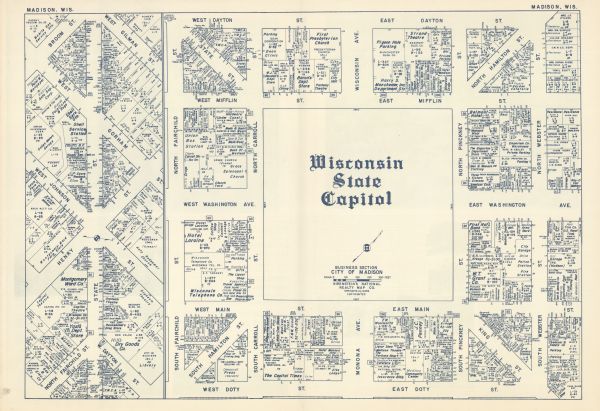 Map created between 1948 and 1954. Shows businesses and lot owners around the State Capitol. Oriented with north to the upper right. Includes "continued inset" map of State Street. Includes aerial views, text, and illustrations on verso.