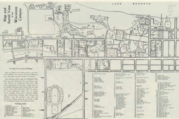 Includes building index and "To Help You Locate Buildings" text. Index includes campus buildings and points of interest. Aerial view on verso.