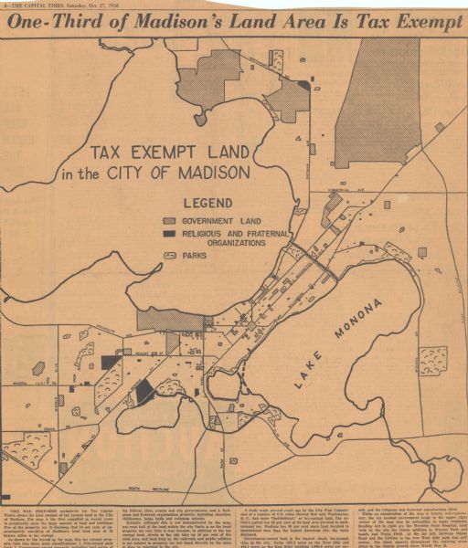 Map reads: "TAX EXEMPT LAND in the CITY OF MADISON". There is a legend of "Government Land" represented in stripes, "Religious and Fraternal Organization" represented by black, and "Parks" represented by squares of grass.