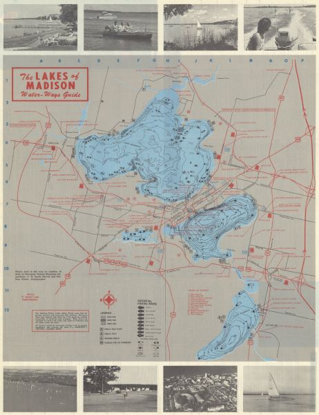 Shows potential fishing areas by species and season, as well as sand and rock bars, weed beds, public facilities, points of interest, and selected businesses. Depths shown by isolines. The back of the map reads: "I wish to commend . . . the Yahara Fisherman’s Club for the preparation and distribution of this excellent map . . .". Indexed business directory with key to facilities on verso.