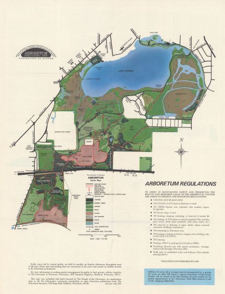 Map features a legend of roads, trails, points of interest, buildings, and types of vegetation. To the right are "ARBORETUM REGULATIONS" regarding hours, pets, and activities. The back of the map has descriptions of vegetation and animal life, as well as a statement of responsibility.