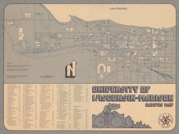 Indexed map of campus buildings, streets, and residence halls. Also included on the map is information about buses. The back of the map features campus bus routes, an aerial view of Madison, and information about the University and points of interest.