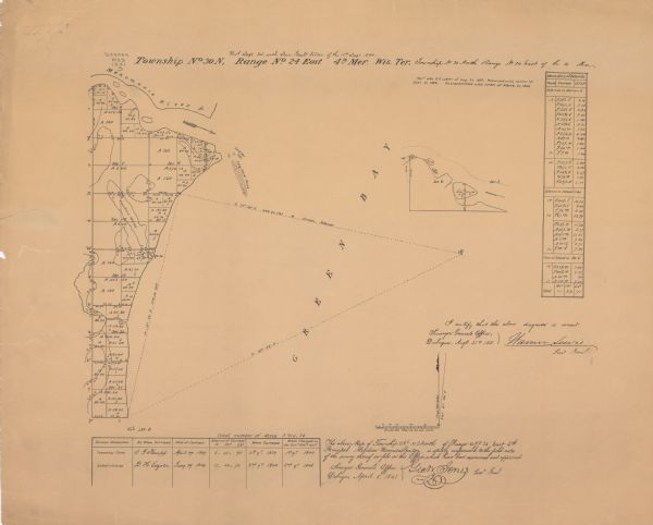 Shows sections and acreages. Covers portions of the area now occupied by Marinette and the Town of Peshtigo, Marinette County. "Rec’d Sept. 24 with Sur. Genl. letter of the 11th Sept. 1841 ... Retransmitted with letter of March 21, 1856." Township lines surveyed by I.G. Knapp ; subdivisions surveyed by B.H. Edgerton. Inset map: [Sections 6 and 5]. Includes "Meanders of islands" table, survey table, and certifications of Warner Lewis and Geo. W. Jones, surveyors general.