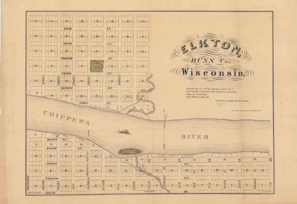 Shows plat of town, local streets, steam boat landings, and Chippewa River. Public square and Muskoo Island hand-colored. Map reads: "Full Lots are 125x66 feet. Business do 125x26, 4 Fractional do as marked on Plat, Streets are 66 feet wide. Alleys are 14 feet wide. Scale 200 feet to the inch. Surveyed and Platted by H.C. Purnam LITH OF TORREY, BARDEN & Co. 130 NASSAU ST N.Y."