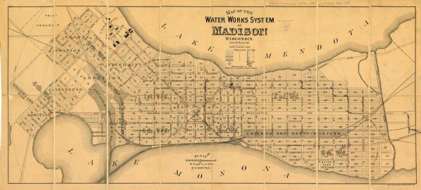 City water works system map. Pencil annotation on the top right reads: "Period represented is after 1887 and before Aug. 1891". The middle of the map has a key and reads: "PROJECTED LINES IN RED. PRESSURE AT HYDRANT IN RED FIGURES."