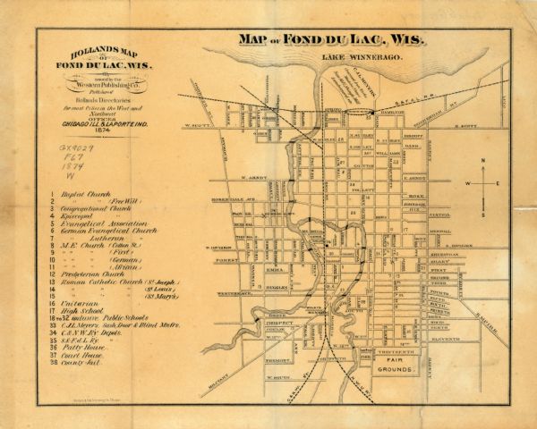 Includes index to key buildings. Shows local streets, railroads, fairgrounds, mills, schools, churches, and part of Lake Winnebago. Streets running west to east begin with "Spring" and end with "W. South." Streets running north to south begin with "Oshkosh Rd." and end with "Luco."