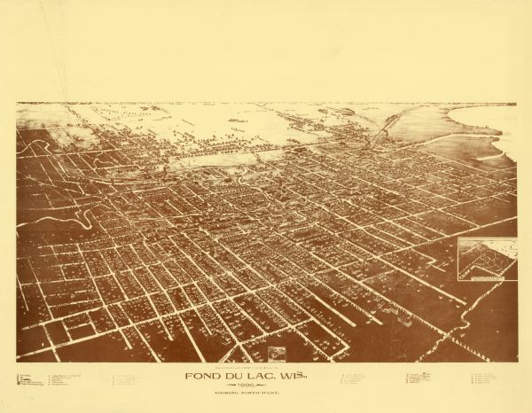 Bird's-eye map of Fond du Lac, looking north west, with two insets of the P.H. Stamm residence, and the Proposed Lakeside Park. thirty-five locations identified beneath image. Image bordered by Western Street at top left corner, Scott Street at top right corner, Harney and Eleventh Streets at bottom left corner, and Division Street at bottom right corner.