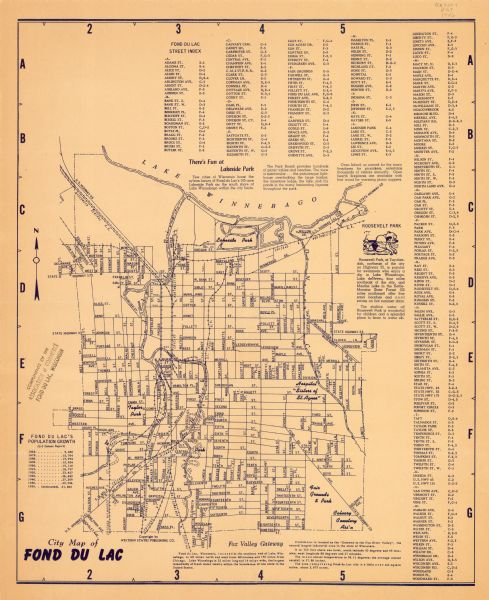 Includes street index. Shows local streets, parks, highways, railroads, Fond du Lac River, and part of lake Winnebago. Also includes text on points of interest, illustration, table of Fond du Lac’s population growth (U.S. Census report) from 1860 to 1955, and stamp of Association of Commerce, Fond du Lac, Wisconsin. Roads running west to east begin with "Oregon St." and end with "Nineteenth St." Roads running north to south begin with "Hunter St." and end with "Limits Ave."