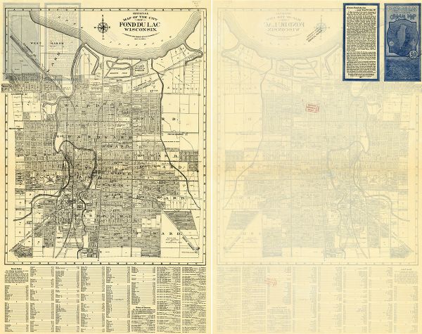 Includes street index and index to points of interest. Shows land ownership by name, plat of town, local streets, schools, parks, highways, railroads, ward divisions, Fond du Lac River, and part of Lake Winnebago. On verso: Text and illustrations.