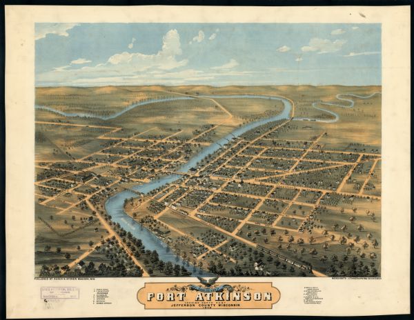 Bird’s-eye view map. "Looking north east." Indexed for points of interest. Shows homes, businesses, and the Bark and Rock River. Streets running west to east begin with "Bluff St." and end with "Robert St." Roads running north to south begin with "N. Fifth St." and end with "South St."