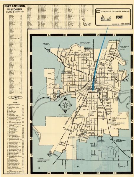 Includes index of streets and of local businesses. Shows location of Citizens State Bank, roads, highways, railroads, parks, cemeteries, and city sanitary treatment plants. Panel title: "Compliments of Citizens State Bank".