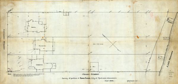 This map shows buildings with dimensions, as well as lot and block corners. Ink on tracing cloth. Oriented with north to the lower right.