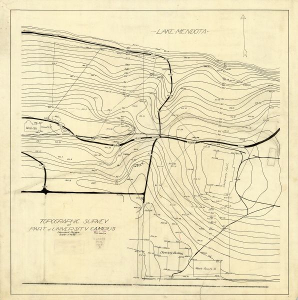 Pen-and-ink on paper. Shows vicinity of Washburn Observatory and University Hall at the University of Wisconsin-Madison. Relief shown by contours and spot heights. "Examined and recorded, College of Engineering, Jun 8 1908, Univ. of Wis." -- Stamped under title.