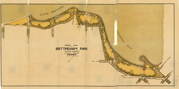 The map reads: "Feb. 3, 1908." Oriented with north to the lower left. Lake Monona, Monona Bay, and Brittingham Park are labelled.