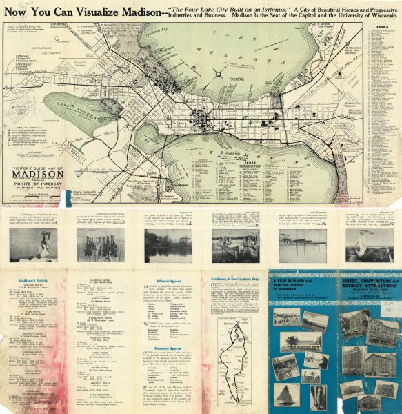 Map reads: "Now You Can Visualize Madison". Includes indexes, with points marked 1-98 and a key. Text and illustrations on verso include hotels and seasonal sports.