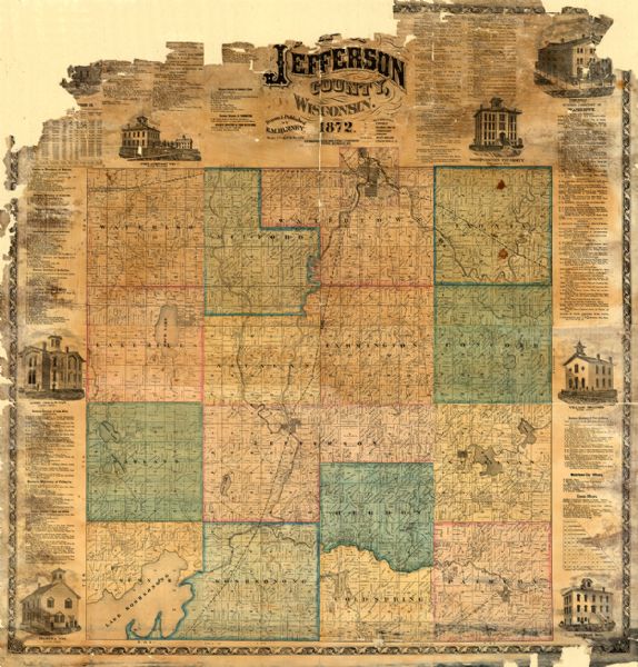 Map shows townships and sections, landownership, roads, railroads, churches, schools, and cemeteries. The map includes business directories of Watertown, Jefferson, and other towns, together with illustrations of local buildings in the margins. The map is hand-colored and is one map on six sheets of paper. 
	