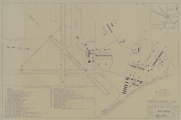 Map includes a legend identifying four types of runway lights for aircraft, and a building index. The map includes an inset of the site and location plan. Map is oriented with the north to the left. Handwritten annotation are in red pencil or ink. 

